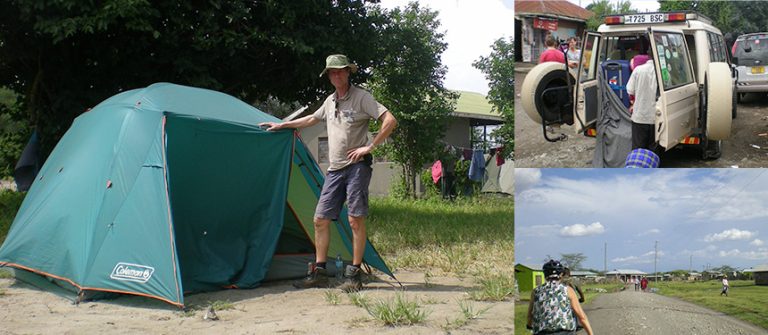 Overzicht van een kampeersafari in tanzania met een koepeltent safari auto en fietsen