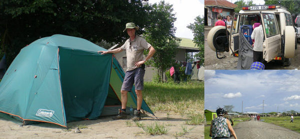 Overzicht van een kampeersafari in tanzania met een koepeltent safari auto en fietsen