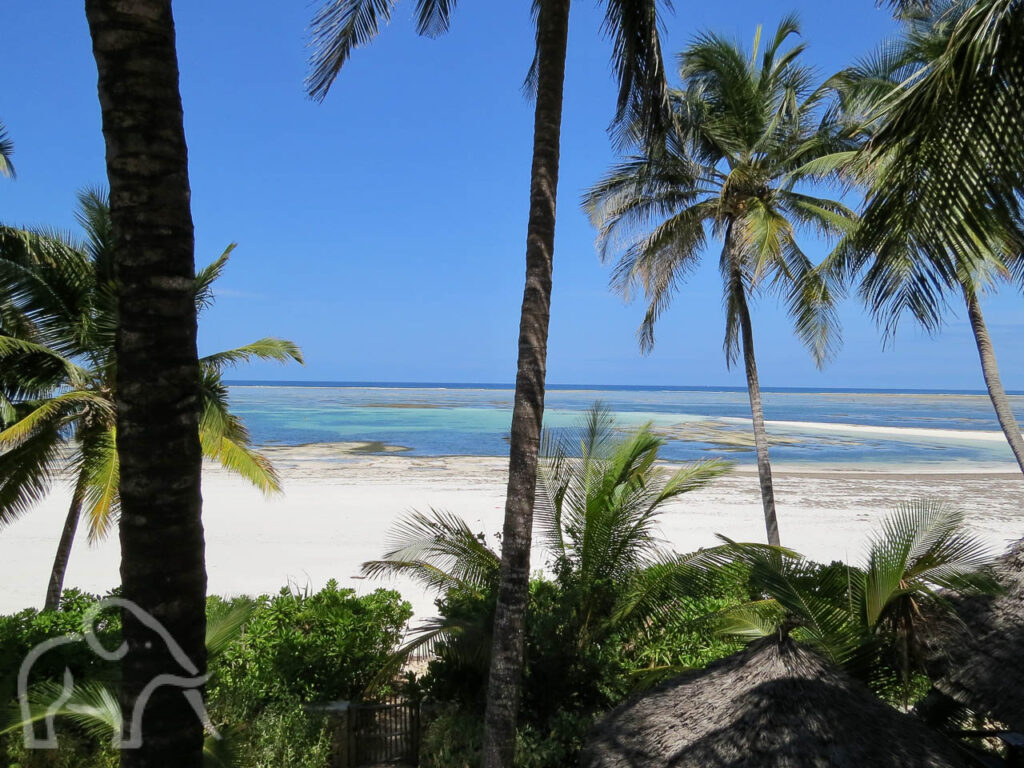 Tussen de palen doorkijkend op het witte strand en de indische oceaan die zich ver heeft teruggetrokken en een staalblauwe lucht