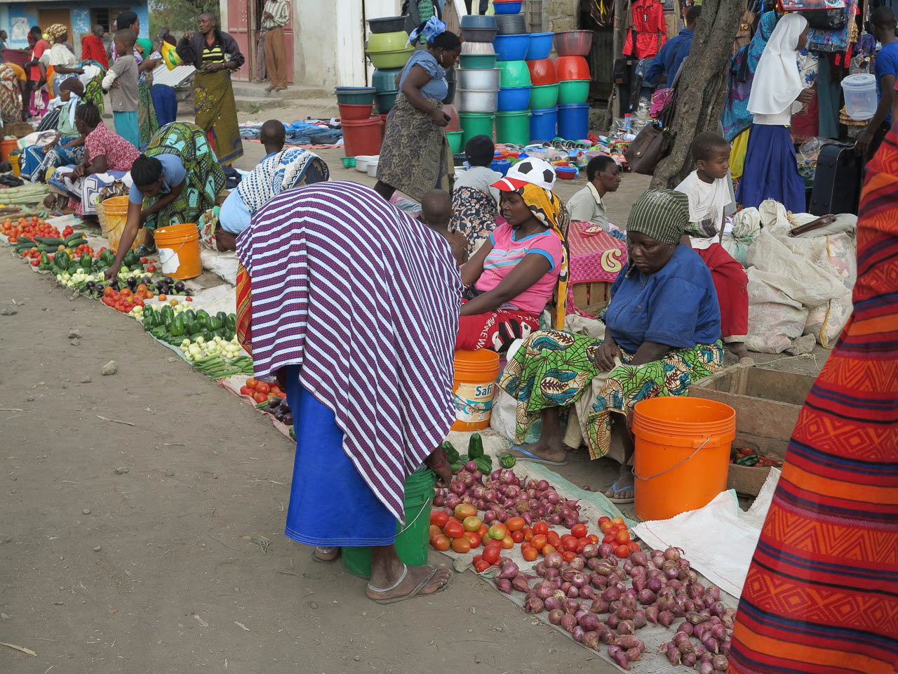vrouwen zittend voor het koopwaar van verse tomaten uien komkommer in Mto wa Mbu