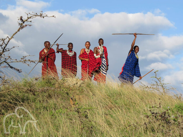 vijf masai mensen met speren bovenop een heuveltje