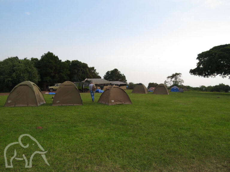 uitzicht op de simba campsite bij ngorongoro met drie koepeltentjes op de voorgrond en verderop nog een aantal