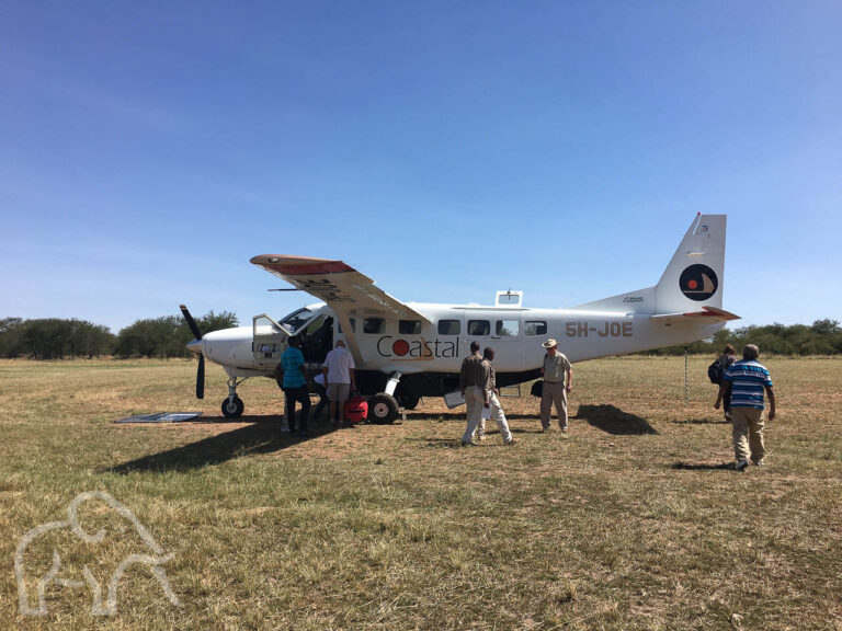 kleine vliegtuigjes in Tanzania, airstrip met een vliegtuigje en verschillende mensen die net zijn aangekomen en een Fly-in safari naar de Serengeti hebben