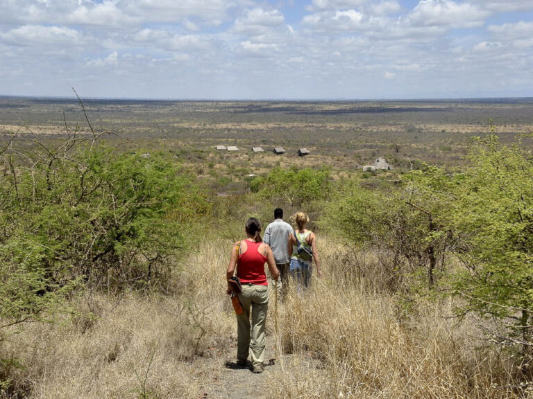 drie mensen die wandelen onder begeleiding door een gebied met struiken en hoog gras vlakbij lake chala in de buurt van de kilimanjaro tanzania