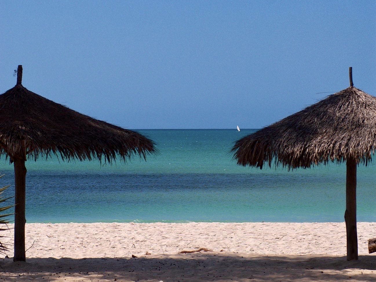 twee rieten dakjes op een paal met uitzicht op de indische oceaan bij het strand-dar-es-salaam