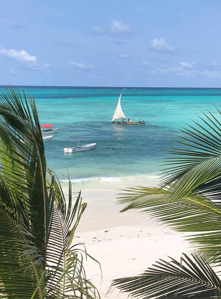 uitzicht met op de voorgrond palmtakken verderop strand en een azuurblauwe zee en vissersboot met zeil zanzibar