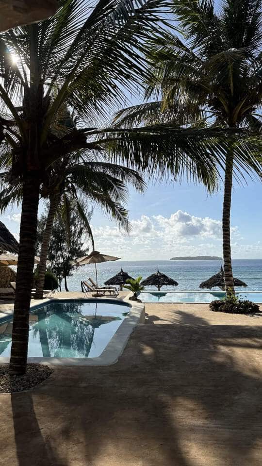 Rondreis Tanzania. Uitzicht met prachtige palmen, een zwembad en daarachter de indische oceaan bij sunshine marine lodge zanzibar.