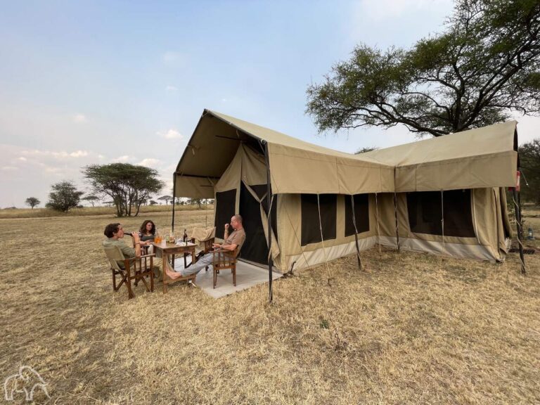 Serengeti rondreizen in Tanzania ter inspiratie. Op de vlaktes van de Serengeti staat een safari tent waarvoor 3 mensen zitten te borrelen.