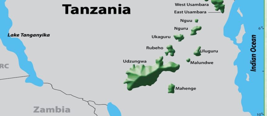 Kaart met alle bergen van de eastern arc mountains Tanzania