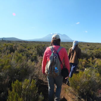 Trekking op het Shira plateau vrouw met gids lopen over de paadjes van de Kilimanjaro naar het Shira plateau met voor hun de wit besneeuwde top