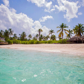 onbewoond eiland witte vuurtoren aan het witte strand op het onbewoonde eiland Fanjove met alleen een lodge. Grote palmbomen met daaronder struikgewas en een gebouw in bruin