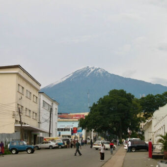 weg door arusha netgebouwen linksen rechts en wat bomen en op de achtergrond Mount Meru met witte top