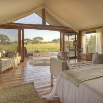 binnen in een grote luxe safari tent met rechts een groot bed met daarachter een bank en links een fauteuil de ramen zijn van gaas en de deuren staan open je kijkt uit op de serengeti mt hoog gras en acacia's