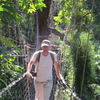 veilig wandelen door de bush man met petje lopend over de touwbrug vanTreetop walkway