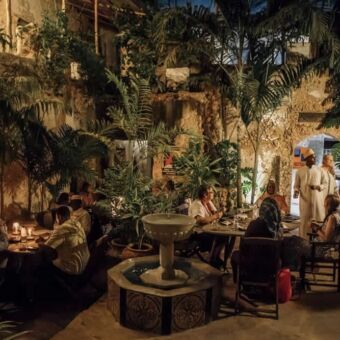 binnentuin terra in de binnentuin met veel tropische planten ommuurd van het Emerson Spice hotel zanzibar