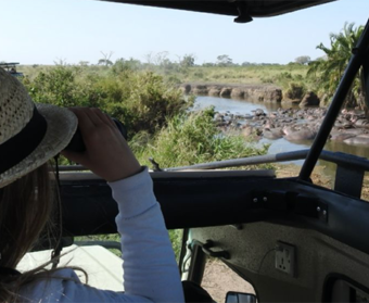 Vrouw met verrekijker kijkend op de Mara rivier met allemaal hippo's vanuit de safari auto