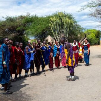 In een half ronde cirkel een groep Masai die een voorstelling geven aan gasten van de Masai lodge. Reiservaring safari Tanzania