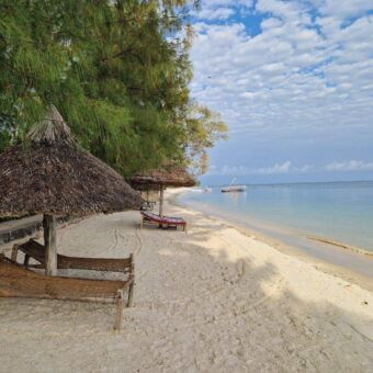 strand met bedjes op het rustige Mafia eiland Tanzania
