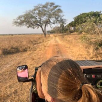 Vanachter het hoofd van een vrouw in een open safari auto op gamedrive