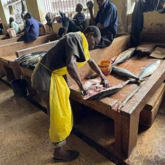Ver gevangen vis die wordt schoongemaakt op een tafel in de vishal in Stone Town Tanzania