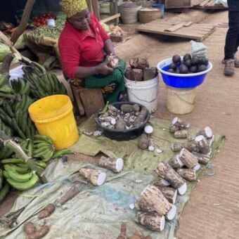 Vrouw zittend bij haar kraampje met cassave's